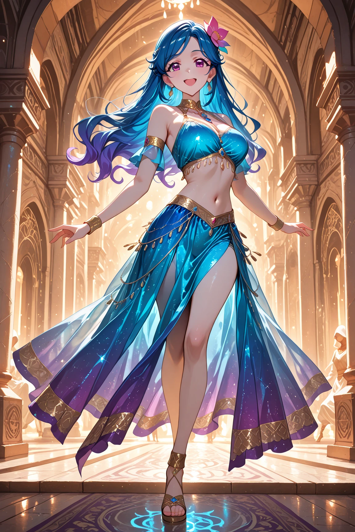 a lovely 25 year old genie woman in colorful billowing sheer fabrics, casually performing powerful magics to show illusions of what could be to her master, opulent bedroom, 4k, 8k, high resolution, masterpiece, ultra-detailed, realistic, photorealistic, photo-realistic, HDR, UHD, studio lighting, ultra-fine painting, sharp focus, physically-based rendering, extreme detail description, professional, vivid colors, bokeh, fantasy, magical realism