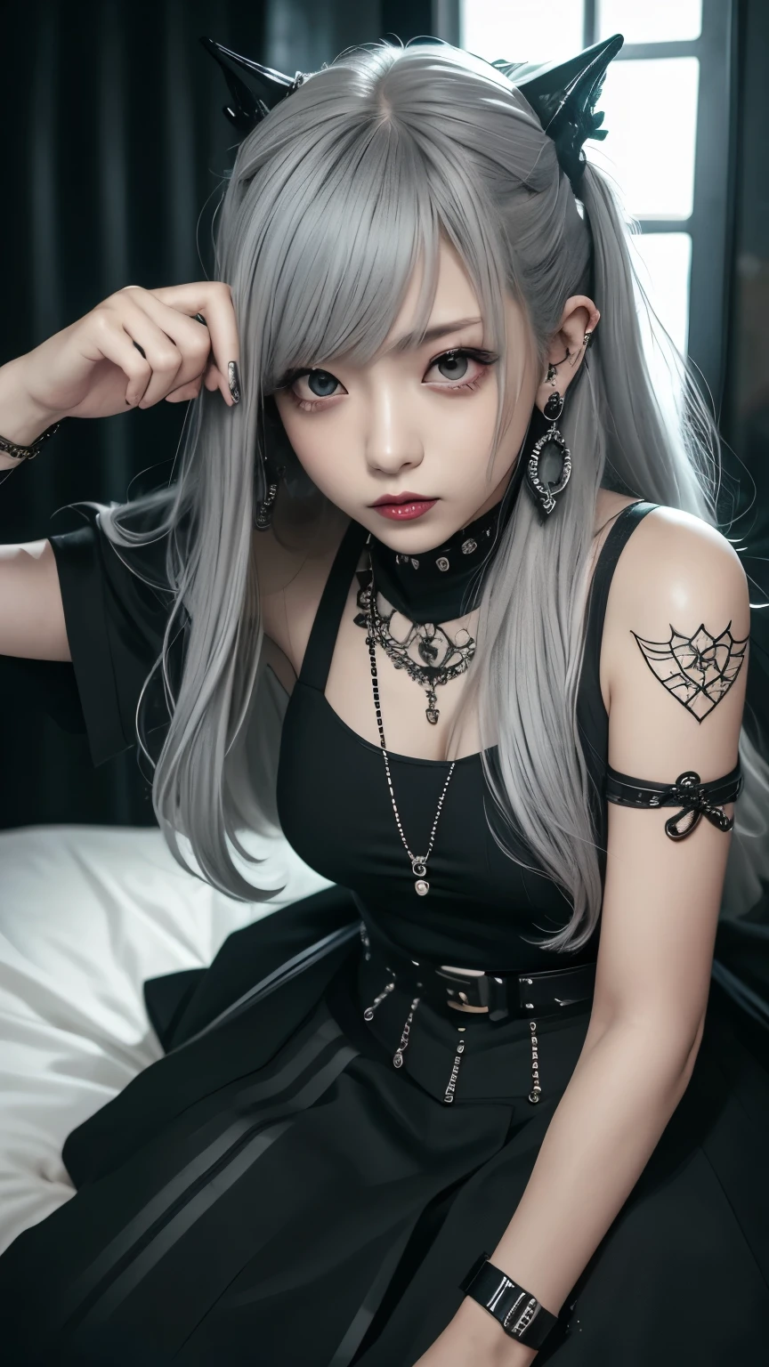 gothic anime girl. jaded 20 year old girl. black, straight hair with bangs. piercing, earring and tattoo. the whole body. plain white background.