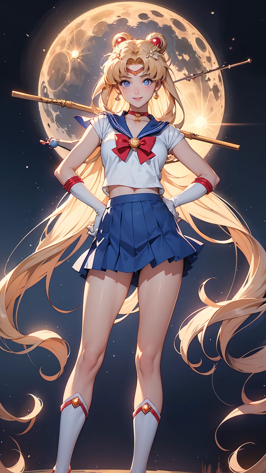 masutepiece, Best Quality, 1girl in, (lease),a blond, (black eyes:1.2),((Sailor Senshi))、((a miniskirt))、((embarassed expression))、((fullmoon))、((Photo from below))、((pantyhose))、((Long))、((White Long Gloves))、((pumps))