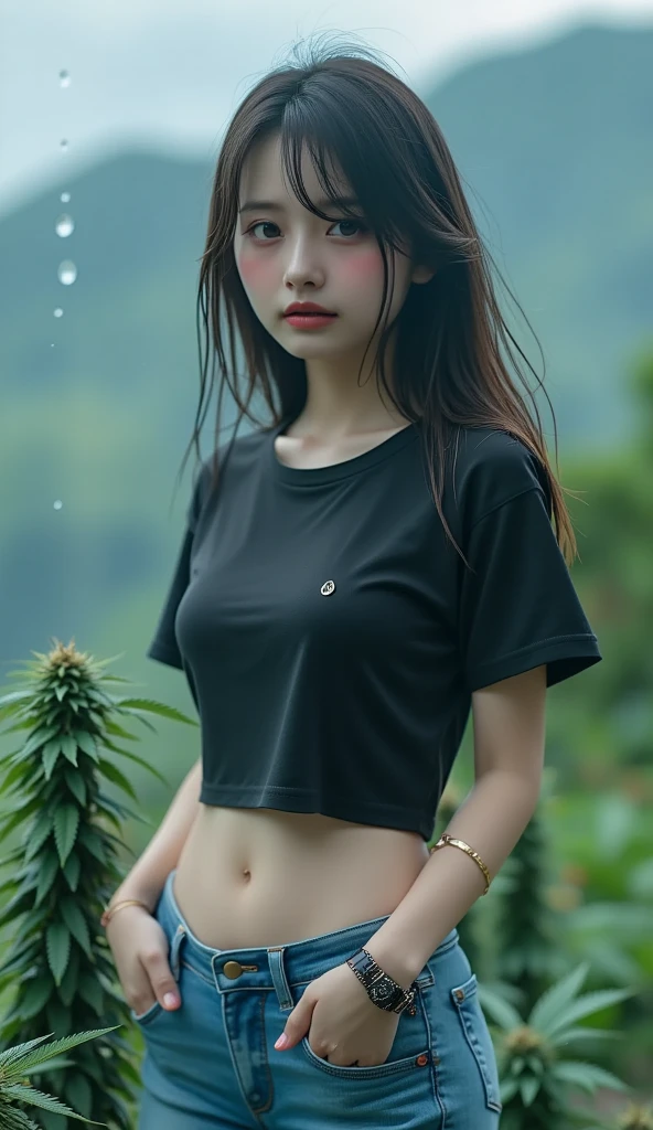best quality,4k,8k,highres,masterpiece:1.2),ultra-detailed,(realistic,photorealistic,photo-realistic:1.4), profesional photograph by dunitskiy david, natural light, half body portraits, a beautiful young korean girl, ((wearing t-shirt:1.5), (hug up her breast by her hand:1.4)), innocent looks, soft glow, elegant beauty, detailed blue green eyes, atractive pose, delicate skin texture, flowing messy hair, seductive expression, plumpy posture, collarbone, naturally droopy breast, (exposed slim abs:1.3), (soaking:1.3) in the dirty swamp in day light, surrounded by water, subtle shadows, dirty background, shallow depth of field, high contrast, dark and foggy atmosphere, fine art photography, low angle, close up, (facing forward:1.3), photon mapping