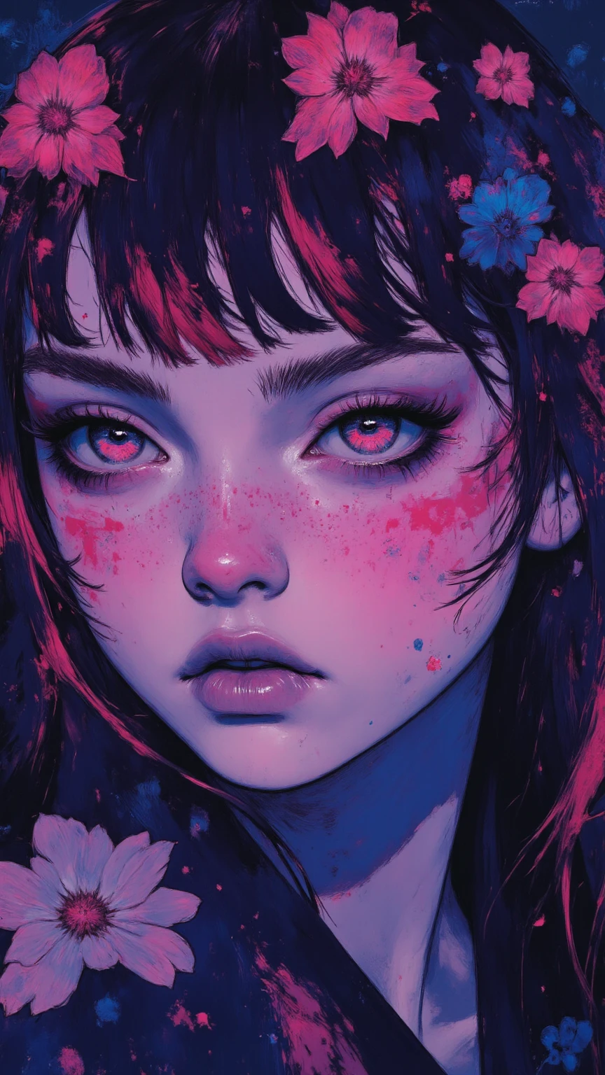 a close up of a person with blood on their face, manga cover, neon pink, mysterious black slime, 🎀 🪓 🧚, by Xiao Yuncong, tiktok, horrified expression, glitchpunk