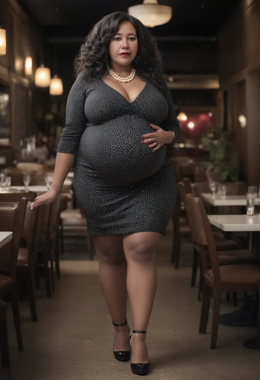 woman, long wavy black hair, smiling, big bust, wide legs, chubby, elegant black and silver dress, gray heels, black and silver balloons in her hands, birthday celebration, looking at the camera, photorealistic