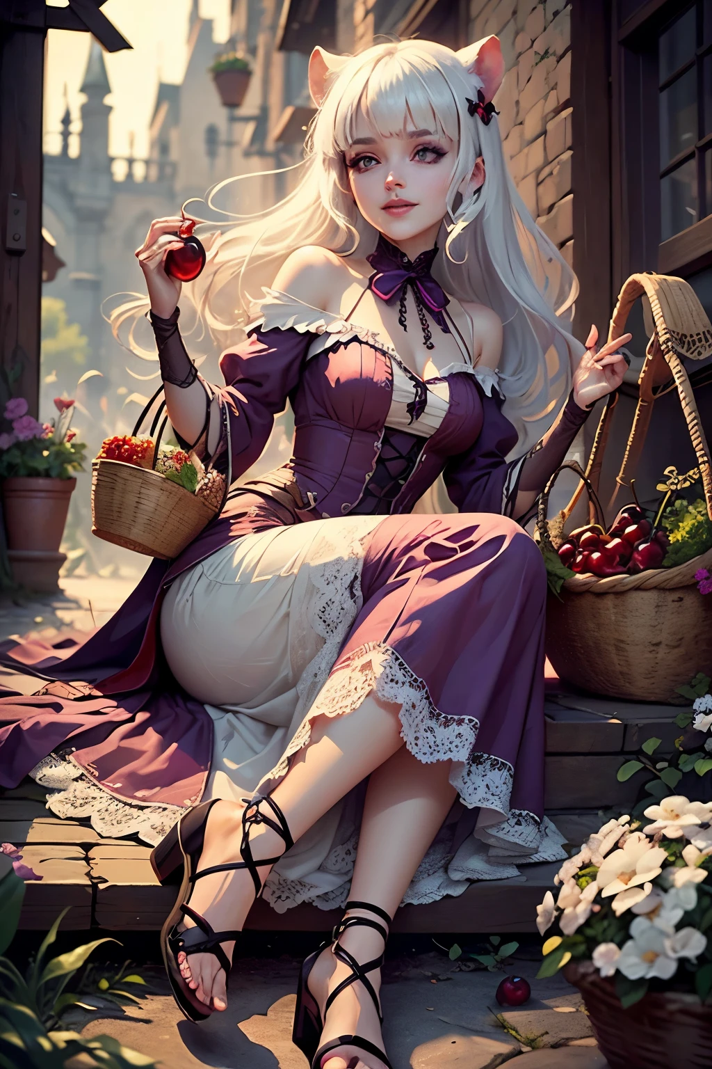 (Ultra-detailed face, Looking away, Gothic Illustration, Dark tone colors. She has five fingers on her hands and five toes on her feet.), BREAK (It is a spring afternoon when the sun shines brightly. A path leads up a gently sloping hill.), BREAK (A female dark elf dancer holds a basket full of hamsters in one hand and a large wicker basket at her elbow, gently tossing them up into the sky with one hand. All around, hamsters are flying, running, lying down, and dancing.), BREAK (She has pure white hair, pure white eyebrows, blunt bangs, very long, windswept, waist-length hair, small pink lips, lavender eyes, dark purple skin, and thick eyeliner. She smiles smugly.), (She is wearing a medieval European-style bohemian lace-up dress with cherry blossom embroidery, a cherry-colored lace ribbon tie, and cherry-colored laced sandals.)