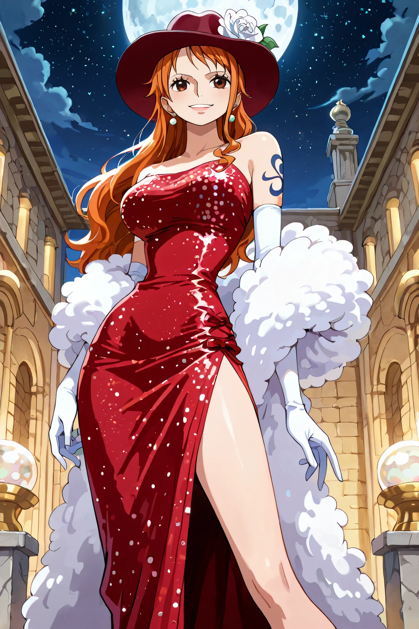 (masterpiece) solo, 1girl, nami, one piece, long orange hair, earrings, brown eyes, sleek legs, (red wide flat-brim hat with a ribbon decoration, ladies hat), white mink stole, (red long dress with sequins, off shoulder, ), ((white elbow length gloves)), (smiling, coy, confident), posing in a marble courtyard, night scene, starry background, full moon in the sky, elegant pose, statuesque, razzle dazzle vibes, close up shot, facing the viewer, SFW, covered chest