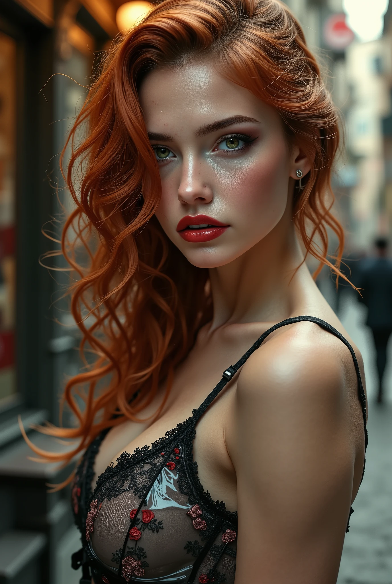  [Style: - "8k, masterpiece, realistic, Photorealistic realism, Hyper high resolution" - "highest quality, intricate ultra-detailed digital art"] (Key Directive: - "The priority is the anatomical accuracy and texture of the materials" - "Ultra-sharp human eyes with biological accuracy") {Character: "a beautiful girl, [Rosé from blackpink((firm and full breasts))]" | Face: "full lips, red lipstick, intense gaze" | Eyes: - "((sharp focus, no blurry eyes, Hyper absurd quality, Hyper details, Hyper realistic brown eyes:1.4))" - "((extra narrow eyebrows))" - "(Carefully draw Long blue_mascara:1.2)" - "(perfect round eyes)" | Hair: "long hair, red hair, curls at the ends of the hair, hair above one eye,((long combed to the side))" | Pose: "elegant pose" Outfit: [Top: "modest {PVC BDSM erotic ta costume}, (see-thru PVC:1.35)" | lace: "((Rose flower))" | (Boots: "Black Long(laced)"] Environment: "street, European Buildings" Lighting: "studio lighting, monochromatic, striking contrast, dramatic shadows" (Rendering engine: "Unreal Engine 5 path tracing, 16K texture maps") | The ultra-Highres,Unreal 5,Subsurface scattering,PBR Texturing,Post-Processing,Anisotropic Filtering,depth of fields,Maximum Sharpness and Sharpness,multi-layered texture,Albedo and Specular maps,Surface Shading,Precise simulation of light-material interactions,perfectly proportions,Octane rendering,Two-tone illumination,Wide Aperture, low ISO, white balance, The rule of thirds