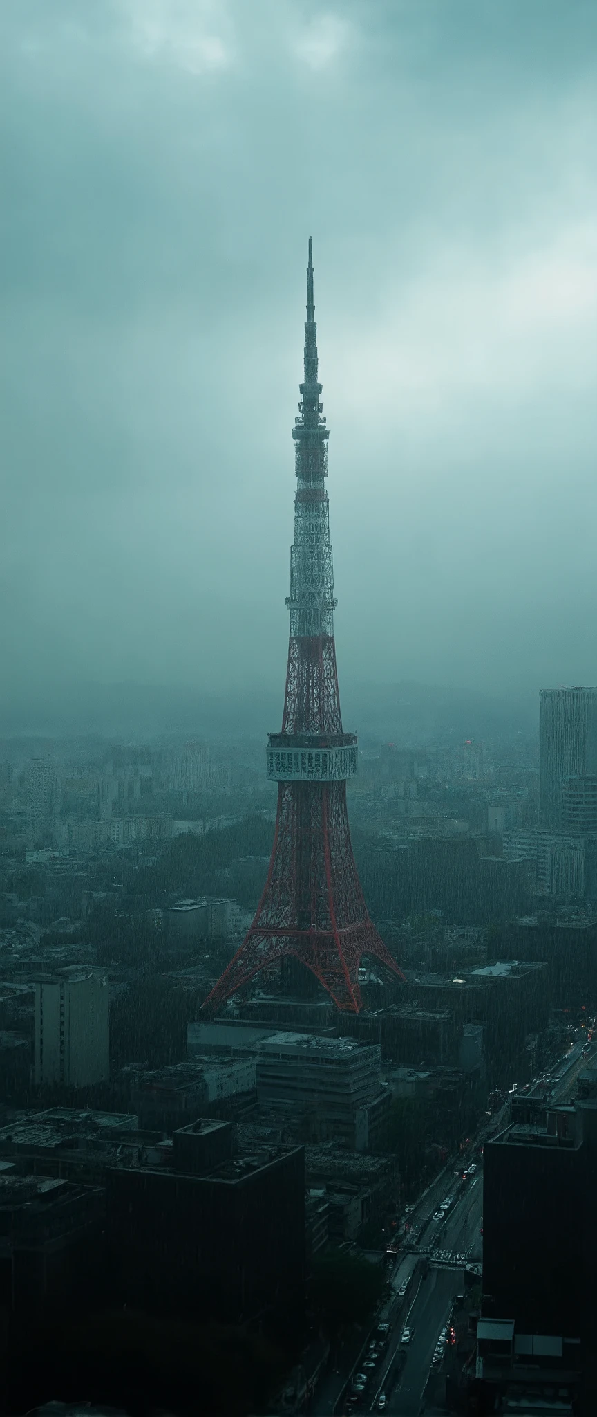 in a high-definition image with a helicopter、Heavy rain in Tokyo、heavy rain falling、centered around Tokyo Tower、Aerial view、I'm looking at Tokyo Tower from an oblique angle。