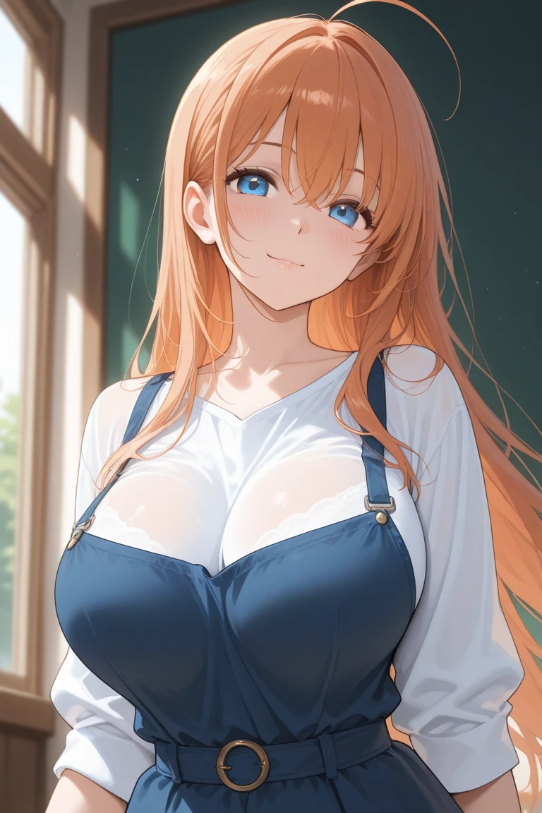 1girl, Anime girl with long hair, anime moe art style, Anime visuals of cute girls, Anime Best Girl, itsuki nakano fanart, pretty anime girl, Smooth Anime CG Art, Seductive Anime Girl, charming anime girls, Cute anime girl, Shining eyes, big boobs, ((looking at viewer)), ((smile)), close up, red hair, blue eyes,white shirt, cleavage, collar bones exposed, light boob cleavage, (portrait), cleavage, breast grab, ((panties)), from below, thick thighs, bedroom