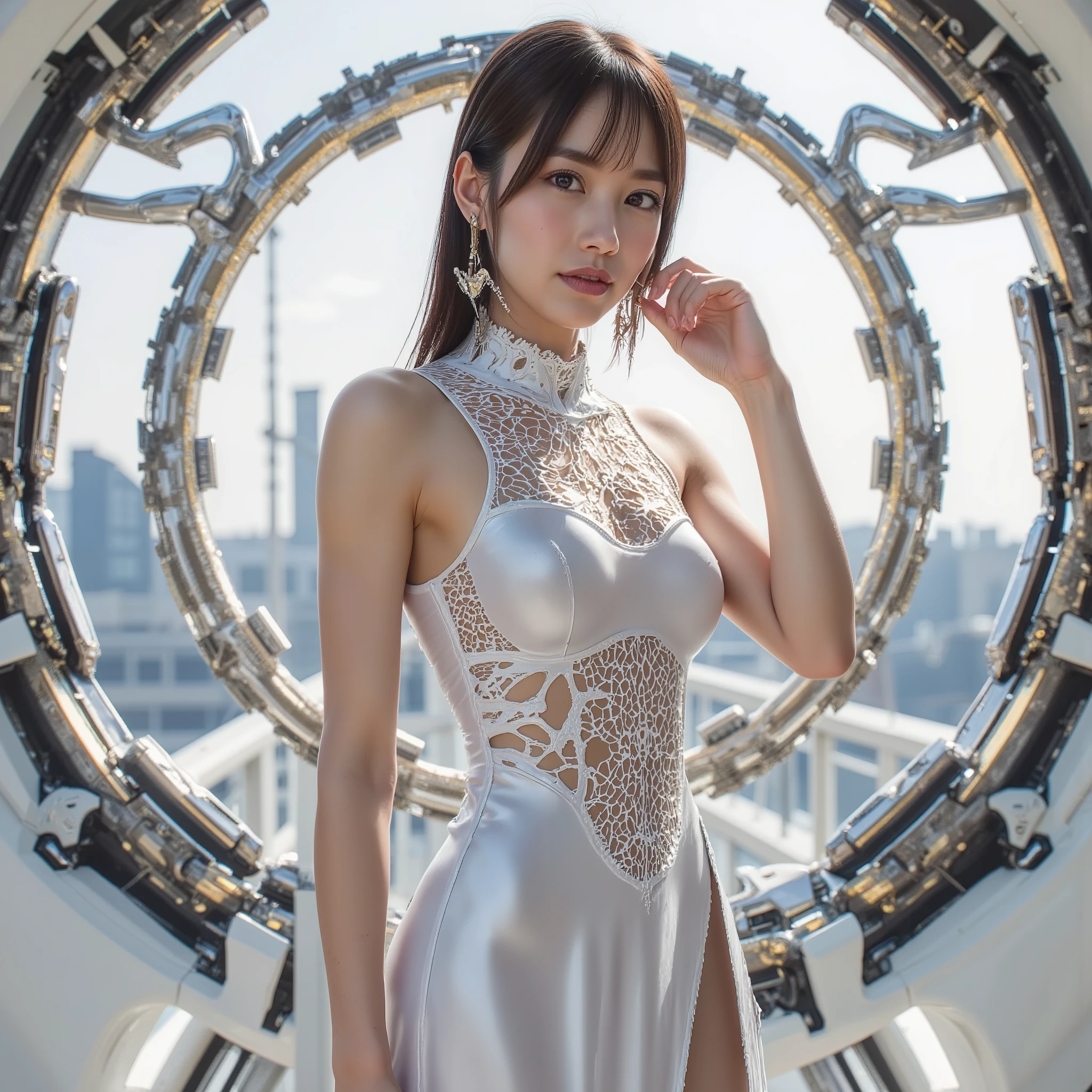 beautiful Japanese woman、 I am wearing a dress with a novel, art-like design 。tight slit skirt, dress has a unique style incorporating cutout designs and geometric shapes、emphasizes body lines、(Full Body:1.3), BREAK,
(Super Detail:1.30), (Absard dress:1.30), ( super realistic portrait photo :1.25), (Super Detailでクリアな焦点:1.20), (At the center of the image is a woman :1.5), ( studio lighting that illuminates the whole body :1.10), (Taken on a clear day:1.5), from before, (nsfw:1.10), (naked, No clothes), break, (Super Detailな美しい日本の女性アイドル:1.10), (Highly Detailed Beautiful Slim Body:1.9), (perfect anatomy:1.15)), (cute smile:1.3), (Super Detailな大きな目, double eyelid), break, ((ponytail, Beautiful and shiny hair down to the smallest detail :1.5)), (light brown hair), break,
The pose is、Place one hand on your hip、 the other hand is placed lightly on the side of the waist 、 I am standing with my body slightly tilted to the side 。 the design of the costume stands out beautifully 、Her silhouette is emphasized and 、 the gaze is directed to the camera 、 I am wearing a dress with a novel and art-like design 。
in the background 、the space makes you feel abstract designs and modern art, and the、It is in harmony with the novelty of the costume 。 overall、It is a scene that gives a unique and futuristic impression、It further enhances her charm。