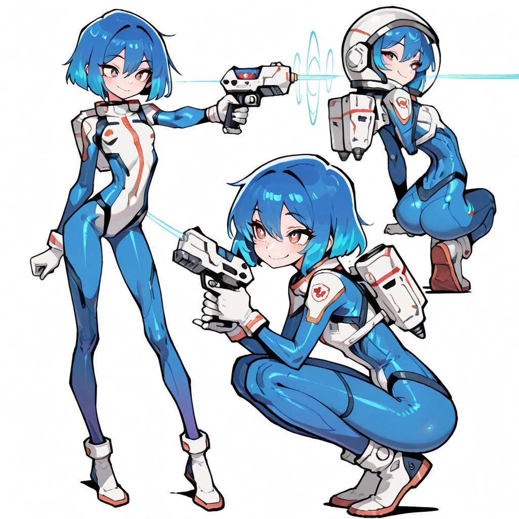 space adventurer girl, sexy, space adventurer, tight spacesuit, astronaut helmet, sexy, cute, blue hair, skinny, full body illustration, white background, futuristic laser spiral pistol, martian girl, back, leaning forward, sexy pose, 