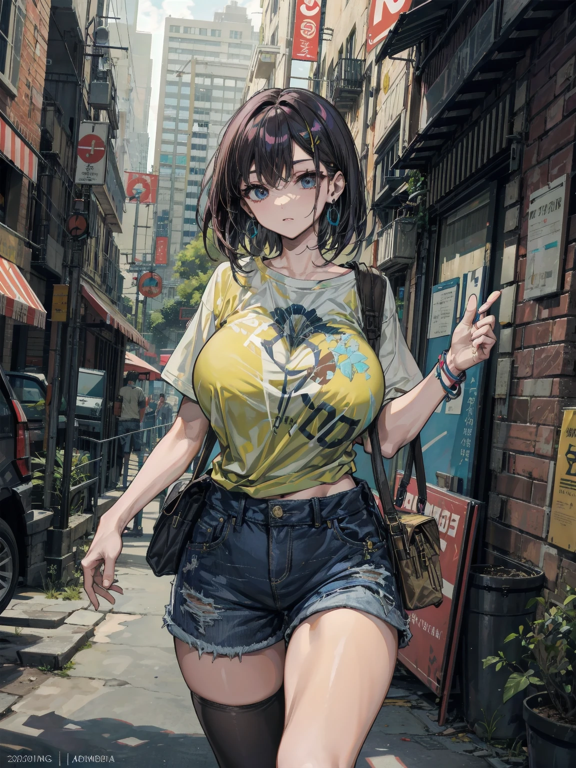 , mochila grande, seios pequenos, bunda grande, thick body, thick coxa, short bob hair, tenis cano alto branco, meia grande, andando abobalhada e divertidamente, sozinha, dedo na boca, short jeans