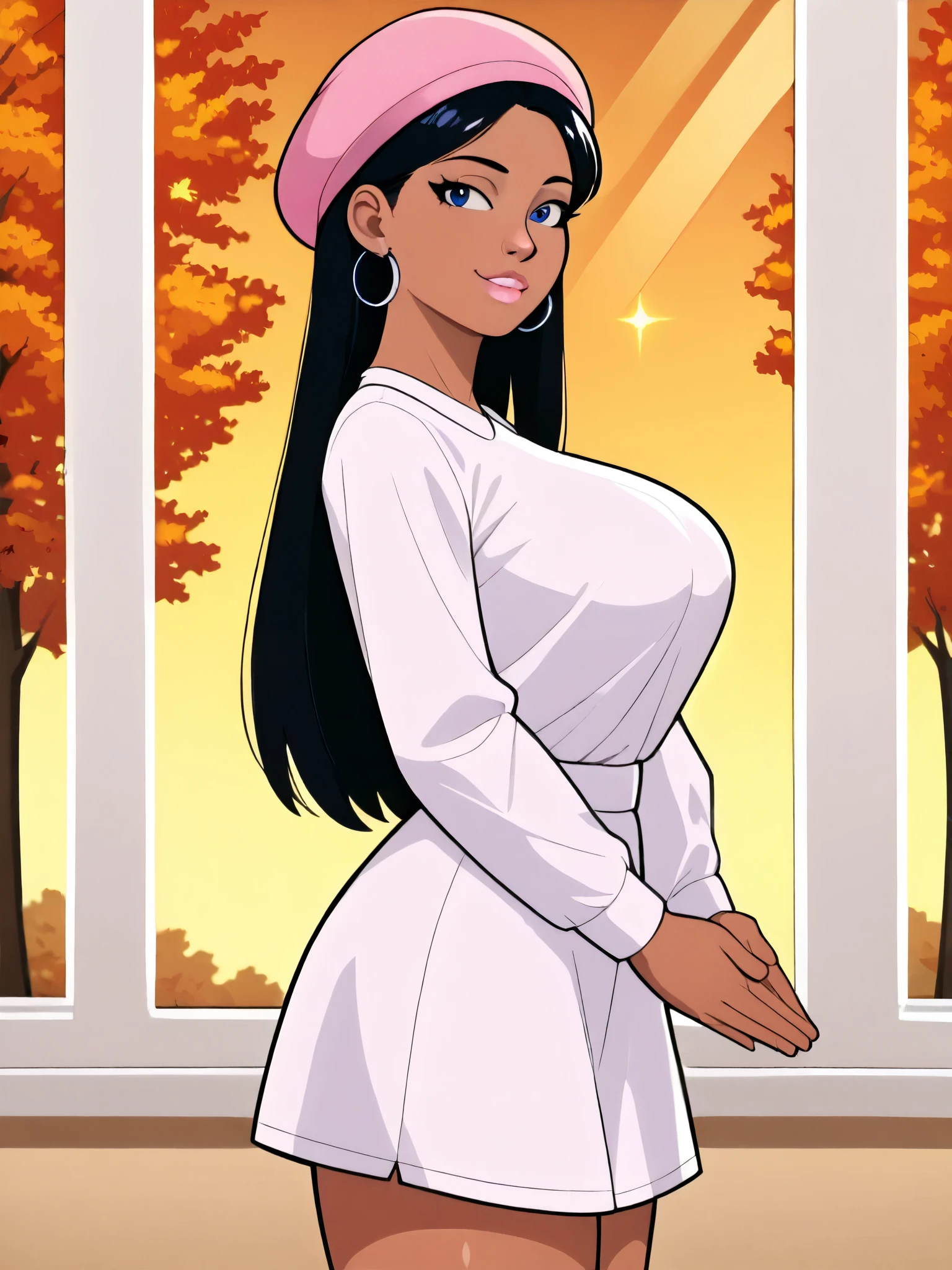 anime style,1human, standing, sexy flirt pose, perfect face, side view, white dress, girl looking inside (at viewer), black hair, girl outside, Bay window, girl standing outside, autumn(outside window), evening, glowing stars above window, dark blue eyes, realistic,dark skin, raising her hands as if to pose or show off. She wears a snug, cropped white shirt and stylish shorts,has big breasts,exuding a relaxed vibe. A vibrant pink cap sits atop her head,has soft pink lips, while her hair peeks through the sides, wearing a 1 silver hoop earring. The other ear has no earring,no piercings