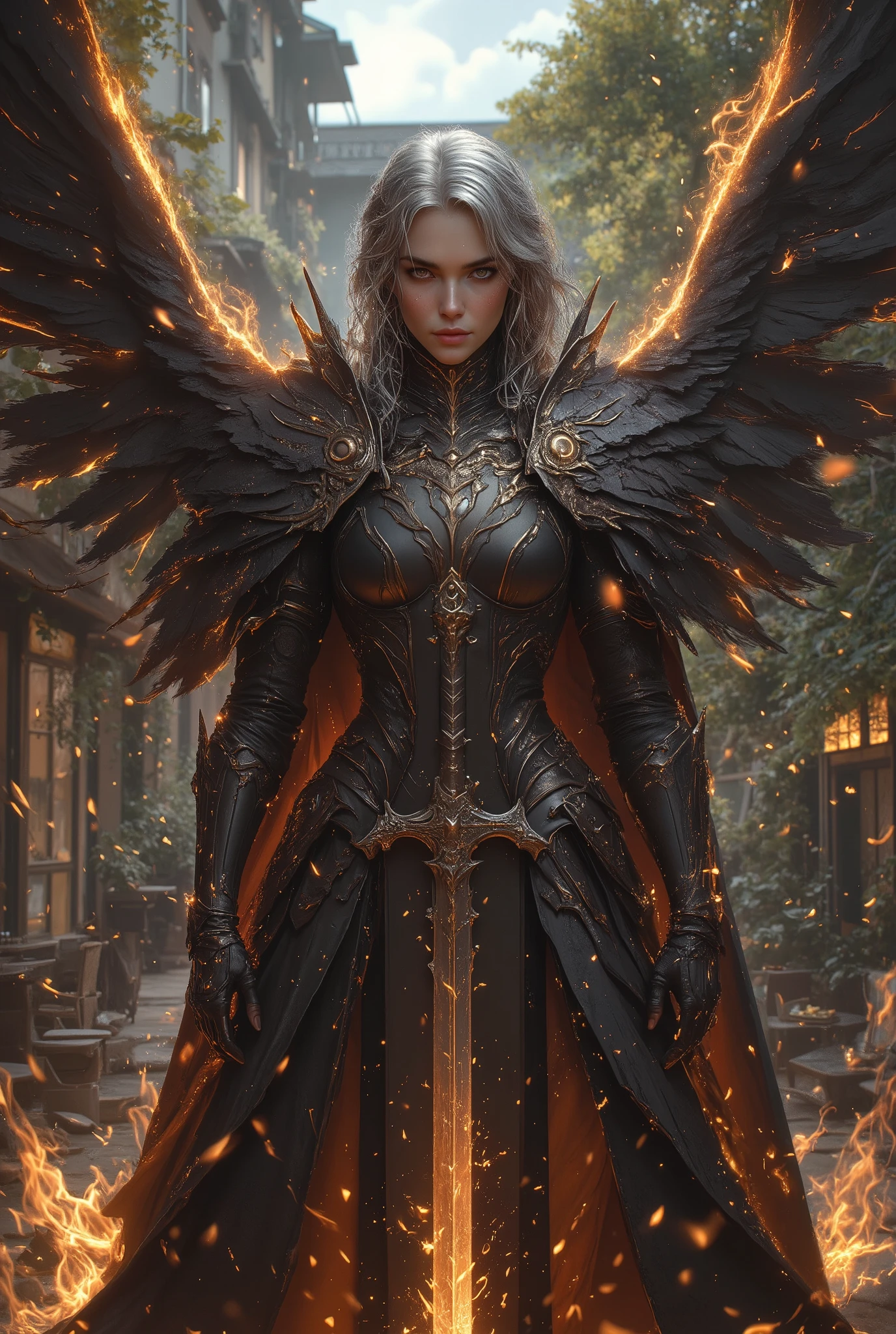 ((super precise illustration, 8k, masterpiece :1.2, sharp concentration :1.2, depth of field:1.2)), Beautiful female Swordsman, absurd, Highly Detailed Face and Skin Textures at a University Outdoor Cafe in a Nature-Rich Courtyard,  Silver Hair, Jet Black Armor, Flame Armor, Cloak on Fire, Flaming Sword, Wings of Fire,  I can catch a glimpse of the determination of, signs of determination in your kind eyes , Strong Soul