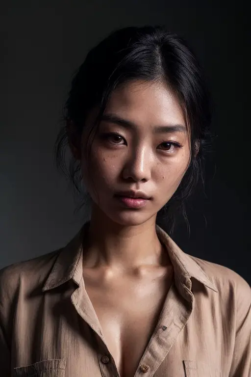 a photo of a seductive Asian woman with loose styled hair, bored, she is wearing a Button-up Shirt and Trousers, , mascara, (textured skin, skin pores:1.2), (moles:0.8), (imperfect skin:1.1), intricate details, goosebumps, flawless face, (light freckles:0.9), ((photorealistic):1.1), (raw, 8k:1.2), dark, muted colors, slate atmosphere