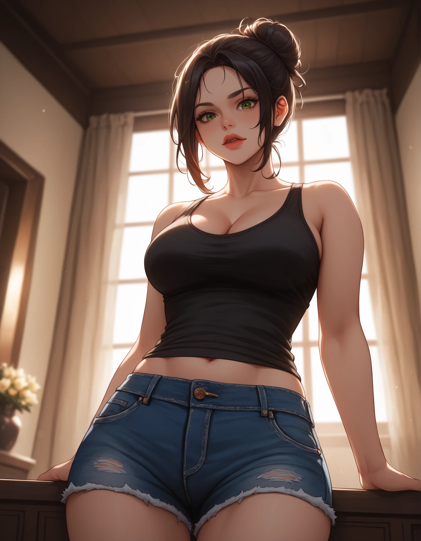 score_6_up, score_7_up, score_8_up, score_9, masterpiece, perfect face, perfect hands, high quality, 1girl, red micro skirt, black hair, black eyes, mole under eye, twin braids, (dark skin) looking at viewer, perky breasts, nipples, topless, solo, butt, seductive, sexy, facing viewer, front view