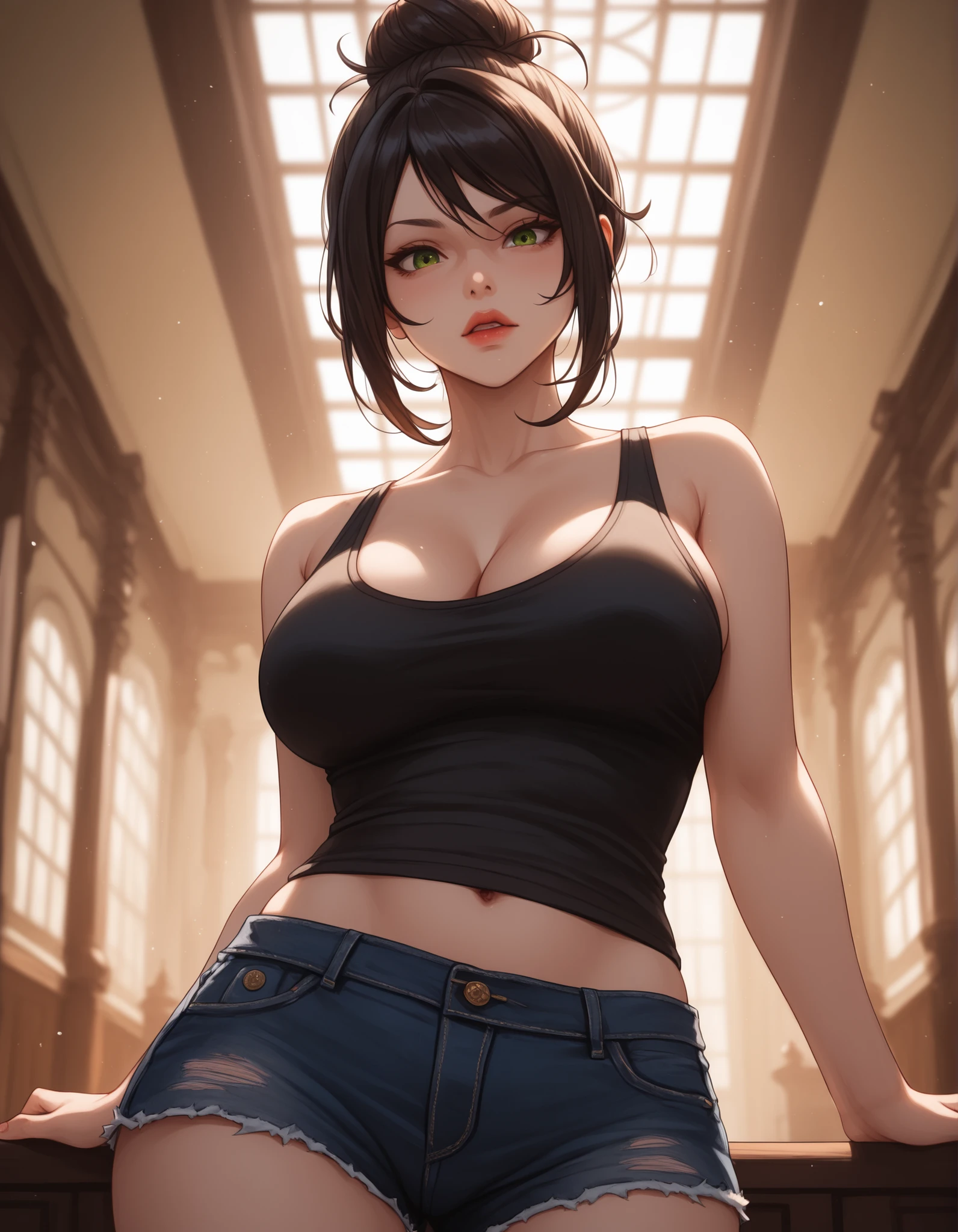 1girl, full body, black short hair, cat ear, glowing eyes, white shirt unbuttoned, skirt jeans, raised his hands behind his head, parted lips, big breast, blush, standing, night, hyper-detailed, high quality, 8k, photorealistic, professional digital painting, dramatic lighting, vibrant colors, intricate details, serene atmosphere, natural environment, ethereal, dreamy
