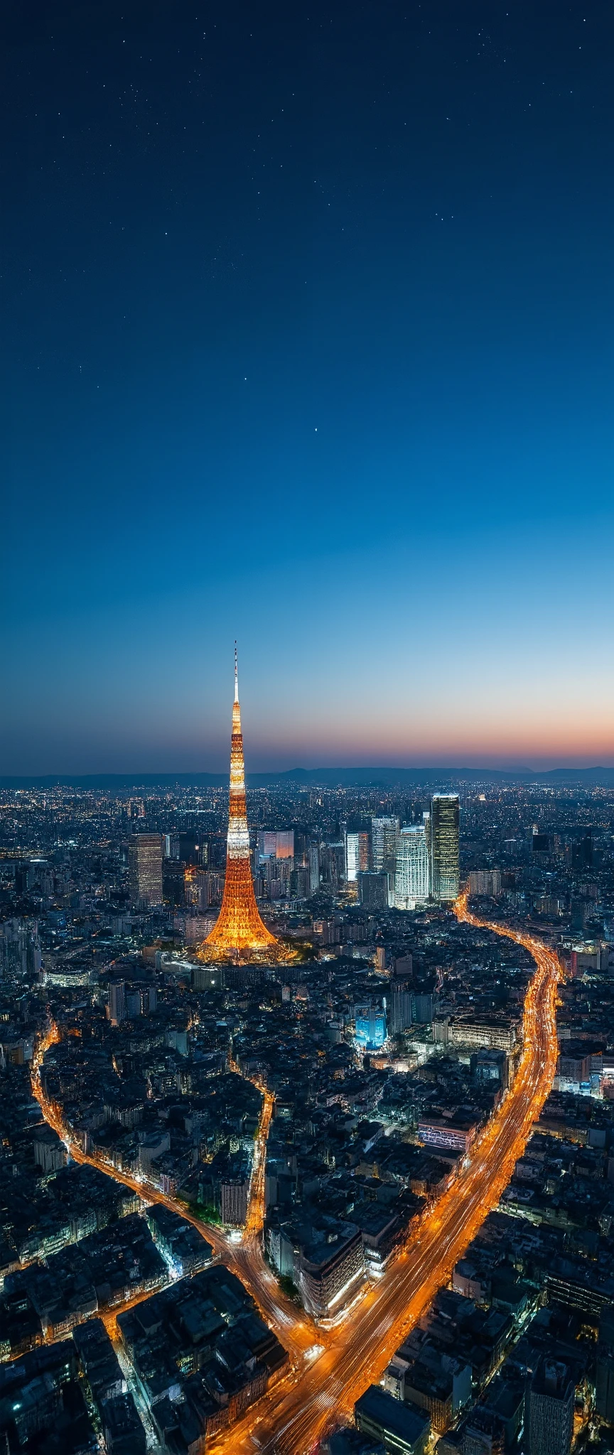 I'm imagining、Beautiful night view of Tokyo、Clear night sky 、looking in the direction of the Skytree centered around Tokyo Tower、Aerial photography、I'm looking at the night view of Tokyo。