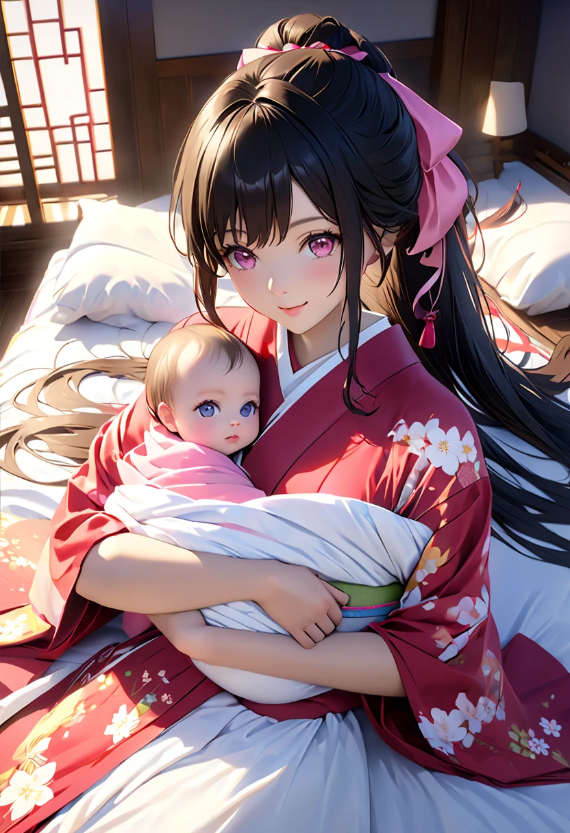 (8K, Best Quality, Masterpiece, Ultra High Resolution) Woman wearing kimono, woman is holding baby, woman has brunette hair