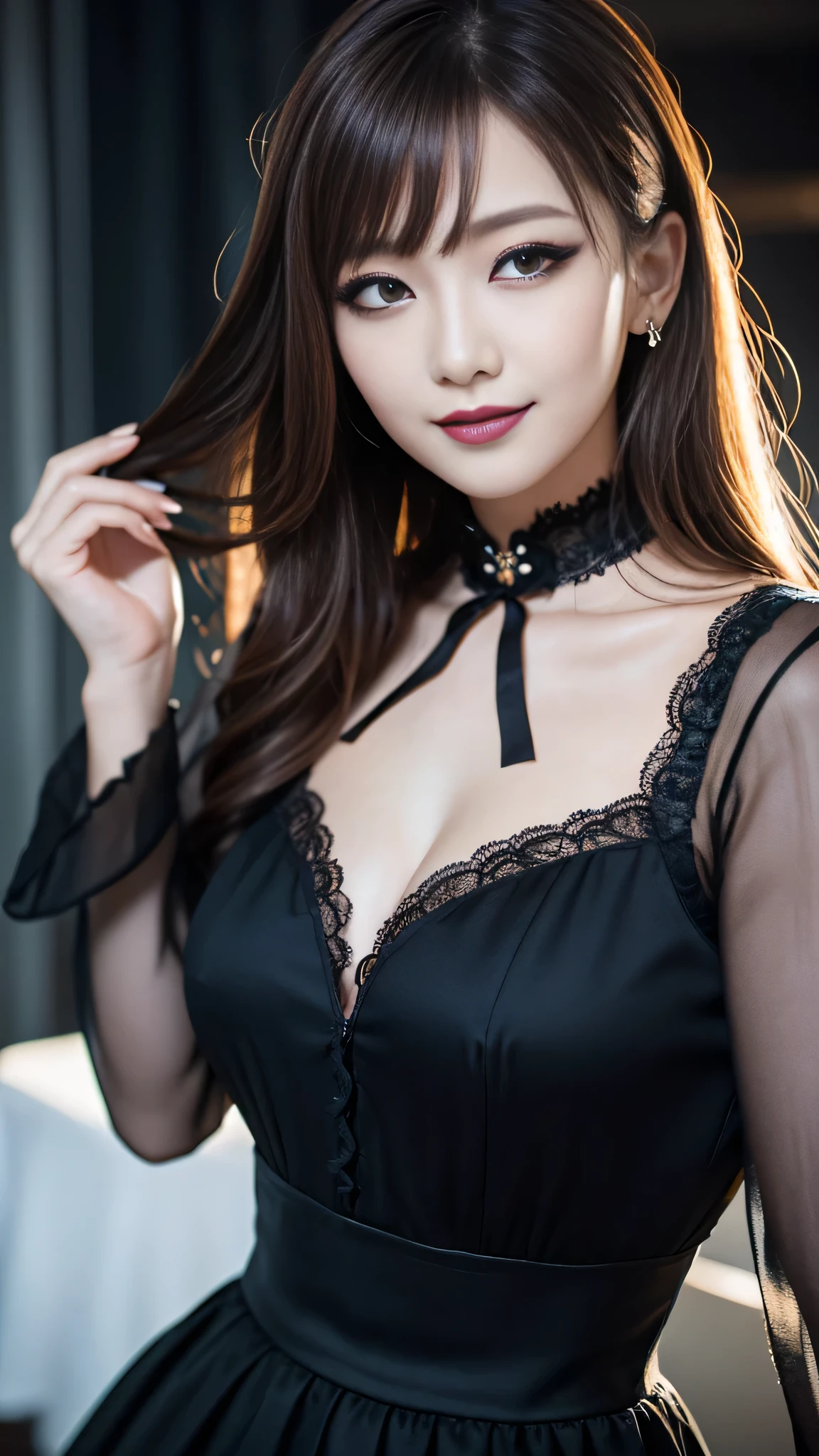 best quality、ultra-detailed、8k、Japanese、Japanese、Seductive beauty、seductive adult woman、Pretty Woman、cool girl、smirk、Wicked Smile、Villainess、brainwash makeup、Brainwashed、brainwash、Fallen into evil、Evil look、evil、Brown hair、wavy hair、swept bangs、dark makeup、piercing eyes、hollow eyes,half-closed eyes、Hollow Eyes、purple Eyeshadow、black lipstick、black lipglos、black elegant dress、wide sleeve、Black flared skirt、lace fabric gloves、Beige Stockings、skin color pantyhose、night、inside darkroom、Kiss、I have lipstick、Are standing、Look、Offer、shoot from below、Swear allegiance、I have pledged my allegiance、Female Combatant、Evil female executive、brainwashing、Fallen into evil、Fall into Darkness
