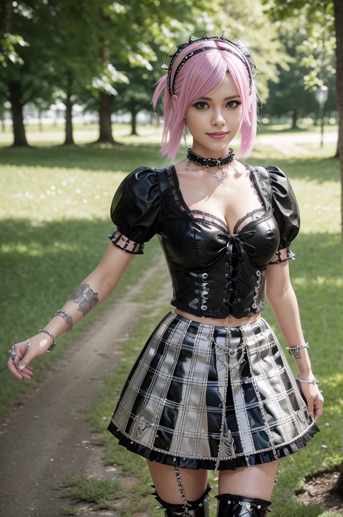 (nsfw), sexy stylish Swedish model, only 1 female, ((doll-like appearance)), short purple stylish hair, ((shiny Punk-Style boots)), (big smile), ultra detailed eyes, Punk makeup, lipgloss, ((sexy Punk Lolita cosplay)), unconventional skirt, petticoats, high neckline, ((ultra detailed lace)), ((ultra detailed embroidery)), intricate details, tartan patterns, (silver chains), (silver spikes), (safety pins), Punk Lolita accessoires, Punk Lolita choker, ((large sparkling Punk Lolita jewelry)), cinematic light, detailed large park background with trees