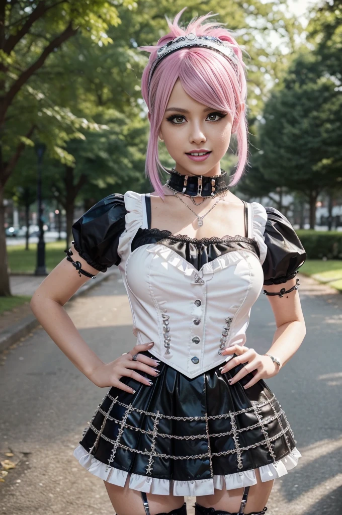 sexy stylish Swedish model, only 1 female, ((doll-like appearance)), short neon pink stylish hair, ((shiny Punk-Style boots)), (smiling face), ultra detailed eyes, Punk makeup, lipgloss, ((sexy Punk ta cosplay)), unconventional skirt, petticoats, high neckline, ((ultra detailed lace)), ((ultra detailed embroidery)), intricate details, tartan patterns, safety pins, Punk Loliccessoires, Punk Lolita cr, ((large sparkling Punk Lolita jewel, cinematic light, detailed large park background with trees