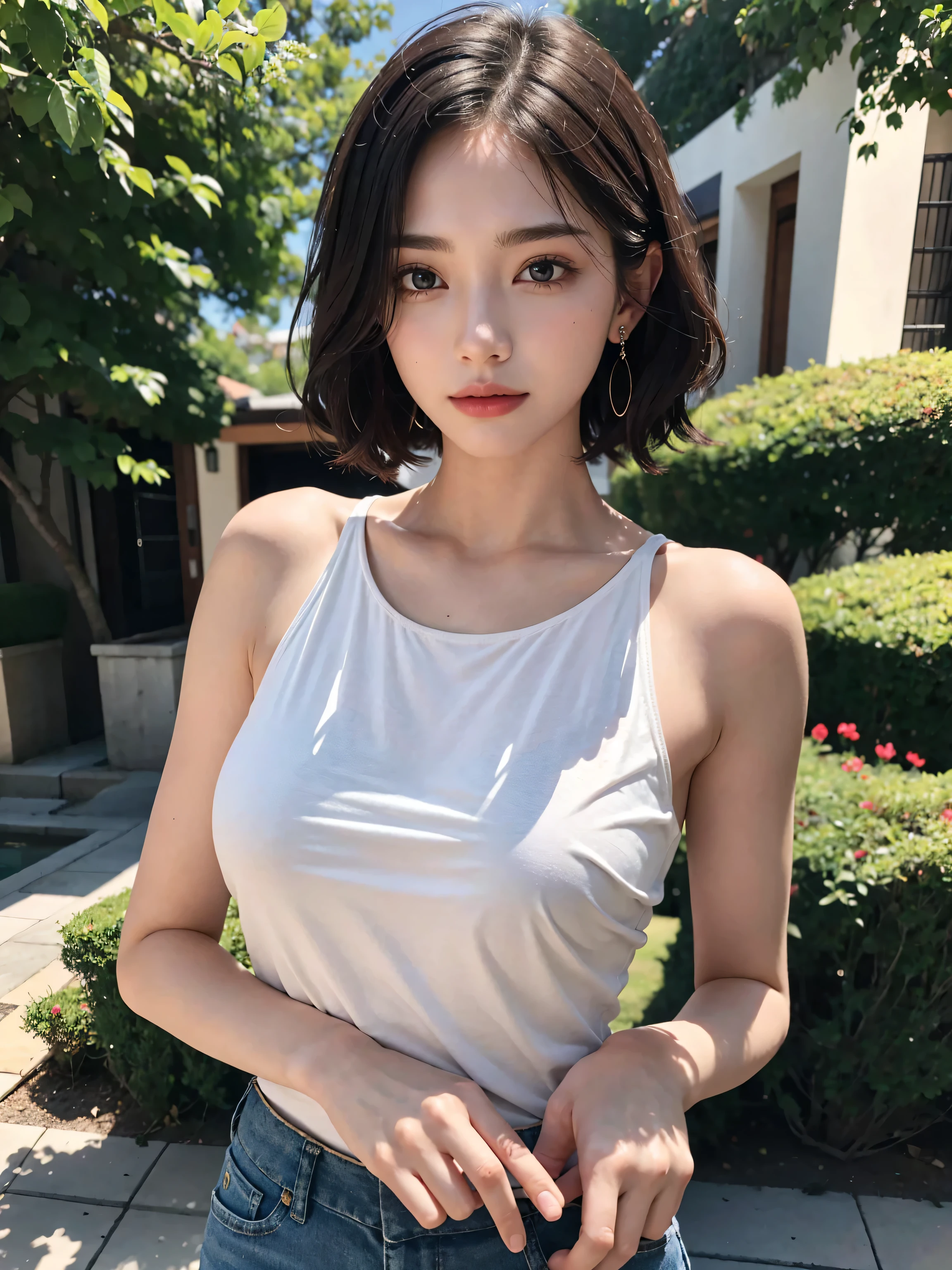 （Very realistic， High resolution：1.3）， One girl with a perfect figure， The face and eyes are very delicate.，A little bangs，Short Hair， Random color tank top：1.2，Short skirt， Big Bubu，Baogou