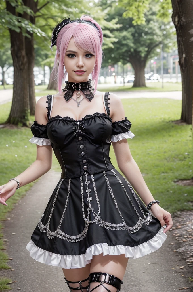 sexy stylish Swedish model, only 1 female, ((doll-like appearance)), very short stylish hair, ((shiny Aquors Love-Style boots)), (big smile), ultra detailed eyes,beautiful vivid eye makeup, lip-gloss, long lashes, defined eyebrows, ((sexy Aquors Love cosplay)), bell-shaped skirt, petticoats, ((ultra detailed lace)), ((ultra detailed embroidery)), intricate details, Aquors Love accessoires, Aquors Love choker, cinematic light, detailed large park background with trees