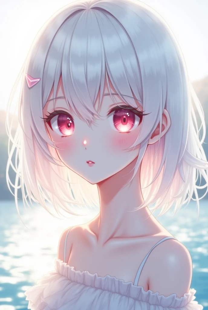 Silver hair, red eyes, bob, fair skin, listless, anime