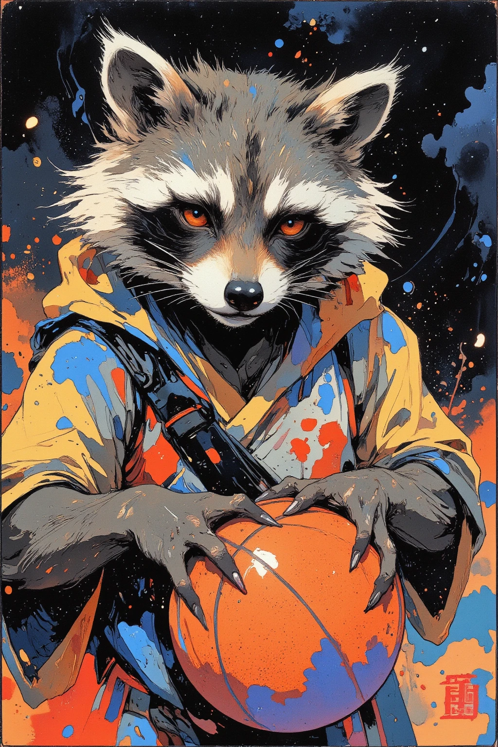 
(((article, "NBA ", Add text"NBA", holographic big font) {x},(best quality)))、(super high image quality)、(Super Detail)、(detailed description)、(Best CG ))、(masterpiece)、ArsMJStyle、(Zen ink wash painting)、raccoon , basketball