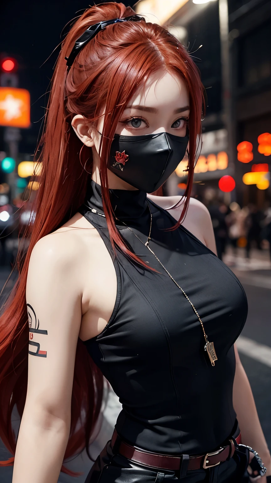 No sleeve、Tattoo、Red、Really redeeming、red、red-haired、corruption、red hairs、Headphones、🎧、Goth_punk, One Girl, alone, Medium Shot, Walking around Harajuku, ((at night)), Bokeh Depth of Field, Neon Light, Rainbow Eyes, Starry Sky, red glowing hair, Black eyebrows, Radiant hair, (iridescent red hair), 耳Nipple Ring, Bans, gem, mask, Blunt front hair, Veld&#39;s Eye, Mouth mask, Blurred background, Blurred, hair adornments, Look at the viewers, shorth hair, Portraiture, Side Lock、Goth、(Tabletop), (Portraiture), (beautiful), (beautiful), (Upper blood), (high quality), (beautiful clothes), (Professional Perspective), (Rule of thirds), (feminine), (woman), (woman), (beautiful),(feminine features), (Age 25), alone, woman1, (Charming punk girl), Winters, Dramatic Light, ((I&#39;m playing the guitar)), (Are standing), it isdgy makeup, (Small Bust), ((Electric guitar)), (Front Face), (Resistance facial expression), ((Resistance)), (Leather jacket and tattoo), ((Short hair)), (dyed (it is.G. and pink) hair), (spiky hair), (Thick hair), Matte shine hair, (Hair bands scattered in the hair), (Green eyes), (A bold and daring look), (Pale skin), (Dark clothing), (Band T-shirts), (Ripped jeans), (-), Crew neck), ((Urban alley background)), (Close-up shot), beautiful hands, both hands, Normal hand, Two Arms, Complete Hand, beautiful body, beautiful fingers, Normal finger, Five Fingers, Five Fingers, (Thumb Index Finger Ring Finger), beautiful ears, Normal ear, beautiful eyes, Shining Eyes, beautiful mouth, beautiful lips,