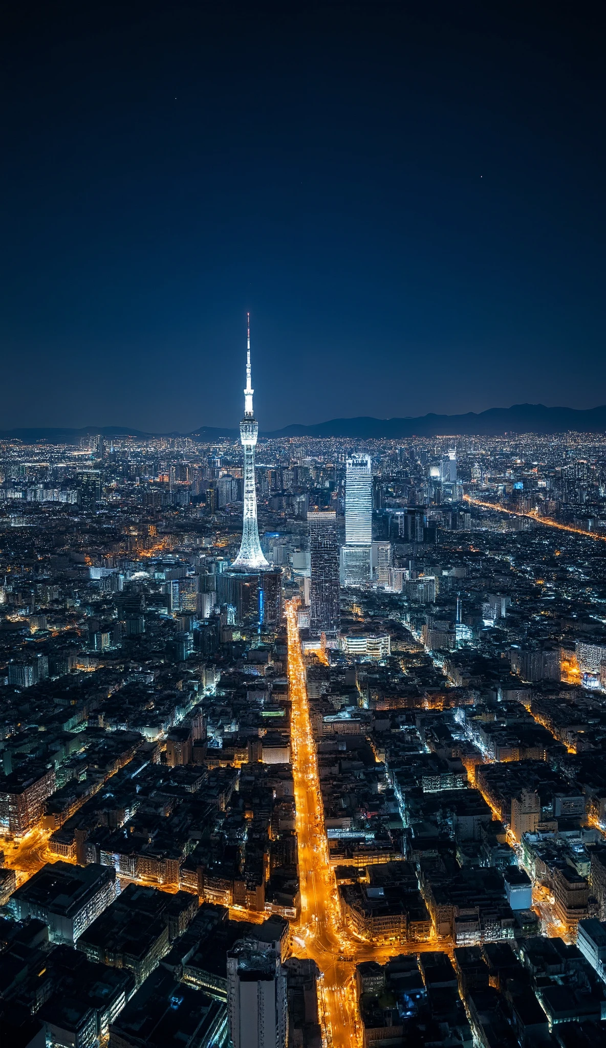 I'm imagining、Beautiful night view of Tokyo、Clear night sky、Looking in the direction of the Skytree with Tokyo Tower at the center、Aerial photo、I'm looking at the night view of Tokyo。