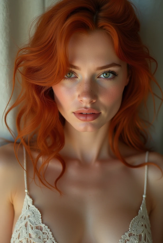 A woman with traits similar to Scarlett Johansson. Has long hair, wavy and red hair that cascades over her shoulders. Her facial features include high cheekbones, Full lips and almond-shaped, expressive eyes. The woman radiates confidence and elegance, with a soft, neutral background that emphasizes its striking appearance. A naked teenager looks sadly into the camera lens, Her body looks like that of a teenager and she has big breasts... lace socks. In the bedroom. Open your legs wide.naked알몸.cuerpo naked.naked.See the conspiracy.open your eyes wide.Open your buttocks wide.