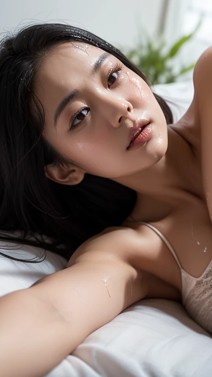 (masterpiece:1.2), Very detailed, Ultra-high resolution, (Realistic, photo Realistic:1.6), High-resolution RAW color photos, Professional photos, Dramatic lighting, 映画のFunctionalなシーン、Sharp focus:1.2, (Very detailed顔と肌の質感, Very beautiful eyes, Glossのある肌, Glowing Skin, Glowing Skin, Shining Face, Gloss, Oily skin, greasy face, Oily skin, greasy face, 強いGloss), Perfect Anatomy, Very detailed背景, 1 female, 25-year-old woman, Japanese women,Height: 168cm, (Short Bob Hair, Straight hair, bangs:1.3, Brown Hair), (Lean),((Slender thighs)), (((Flat Chest:1.7))),(On the hotel bed),(((Lie on your back:1.3))),((Functional,Erotic)),Glowing Skin, ((Beautiful breasts:1.3))),((((Completely naked:1.5)))),Wet swimsuit,(real Glossのある肌 texture), White skin,(((Browsing Caution))),Earrings,((Open your thighs:1.4)),(From above:1.5),((Close ~ eyes、Open your mouth slightly、Looking up at the sky))