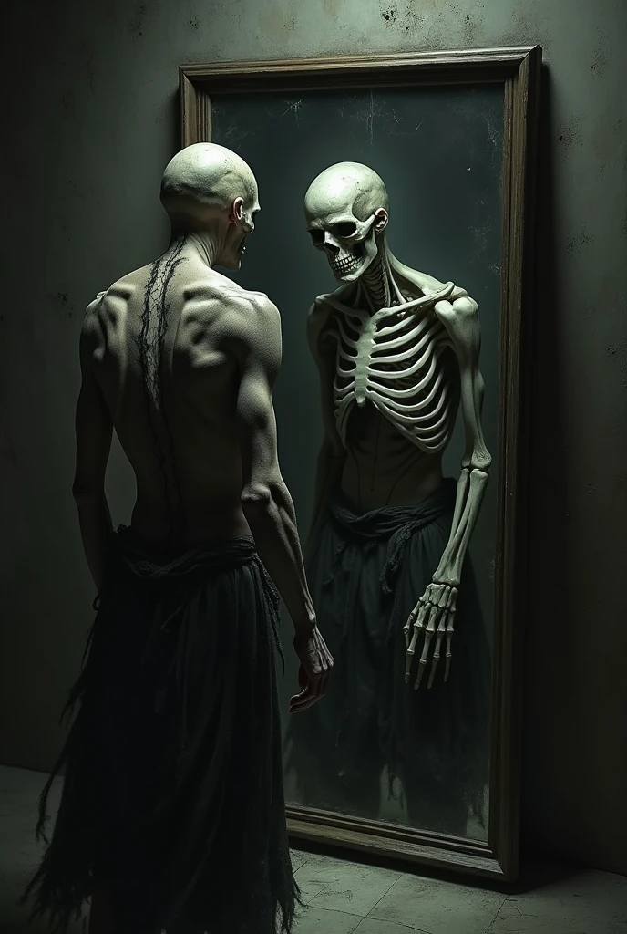 A malnourished person posing in the mirror
