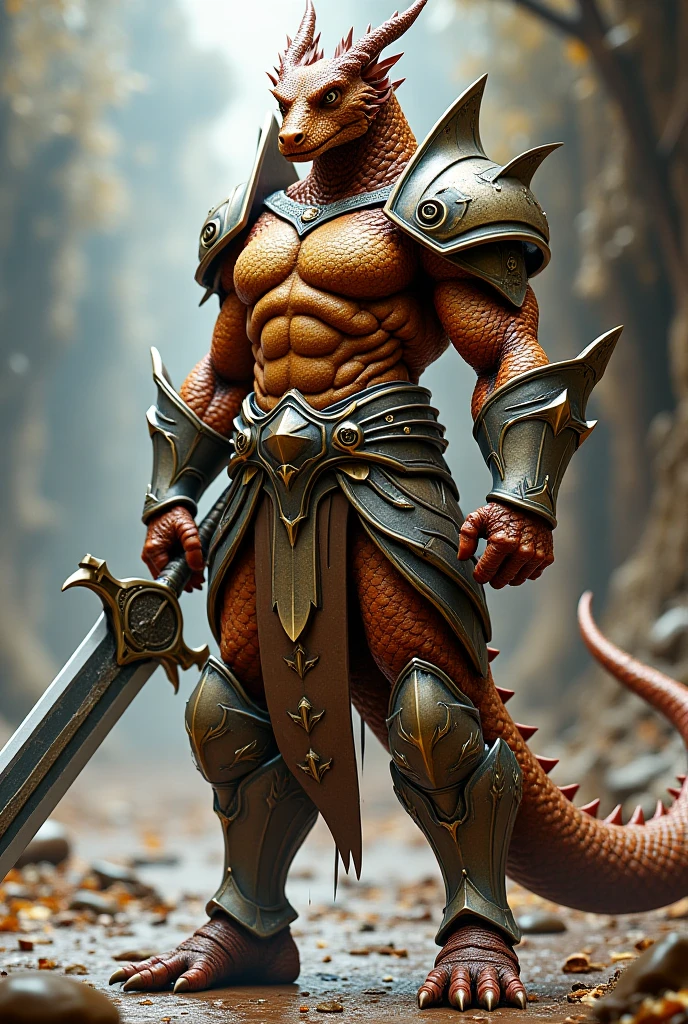 Solo Sexy anthro furry Reptile Scalie Dragon male; ancient Mediterranean desert warrior; slim mesomorph handsome model apperance apperance; anthro muzzle head shape leather helmet mask with eye holes; anthro muzzle head shape leather helmet mask with eye holes, anthro muzzle head shape leather helmet mask with eye holes,; sexy toned muscules; sword scars; worn out rusty sexy skimpy armament. He has low on hips heavy leather studded heavy belt. he has very old worn out jockstrap (smelly jockstrap fetish); His jockstrap it is made of old white linen material sewn together from a few pieces, it has never been washed, it is dirty and has stains from secretions of dried semen and sweat; His armor is old heavy brown harness with armlets studded with spikes; rusty old skimpy heavy breatsplate armor; he has old brown leather BFR Bands on Biceps and his thighs, he has old worn out fingerless leather gloves. His armor is in ruin, it is very very old and dirty, rusted, dirty, old worn out, rusty heavy skimpy breastplate. Even though he is a handsome and sexy man, he has a sloppy appearance, has disheveled unwashed dirty fur, dirty body look. he smells, he has stains from old blood, dirst, cum, mud, smelly husk skin, disgusting bastard looking. He stands proudly bravely in the Mediterranean sunny pine forest background; He stands proudly bravely in the Mediterranean sunny pine forest; he stands upright, furious, with his sword raised in a ready-to-fight position, he holds a sword in his right paw, ready for incoming fight; he has a proud, threatening and defiant expression on his face, with little dirty dangerous smile,