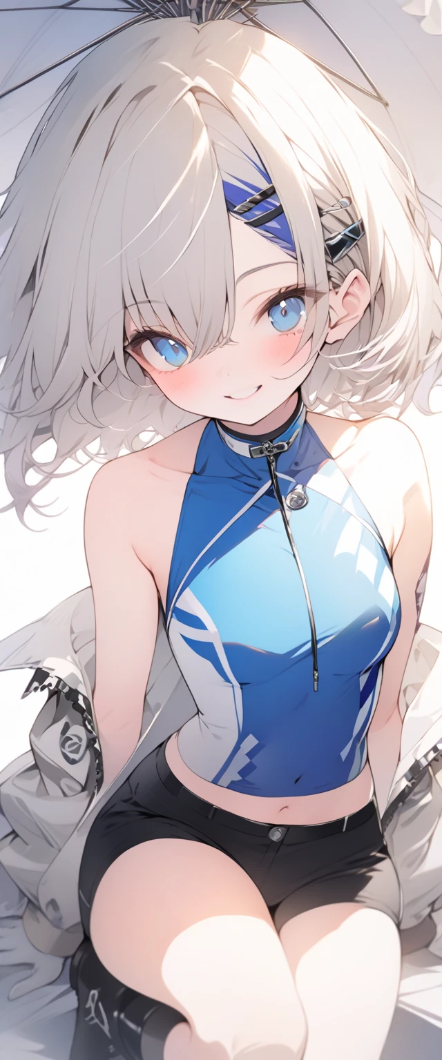 beautiful, masterpiece, Highest quality, anime, One girl, C Cup,Portrait Shot, View your viewers, Covered、Short Hair、nearby、Blue Eyes、art、、White hair,Blue streaked hair、wallpaper、hairpin、Cute smile、Thighs、navel、Floating sci-fi hair accessories、Sci-fi knee-high boots、Cute、Sci-fi underskirt、Sci-fi combat uniform、Funnel