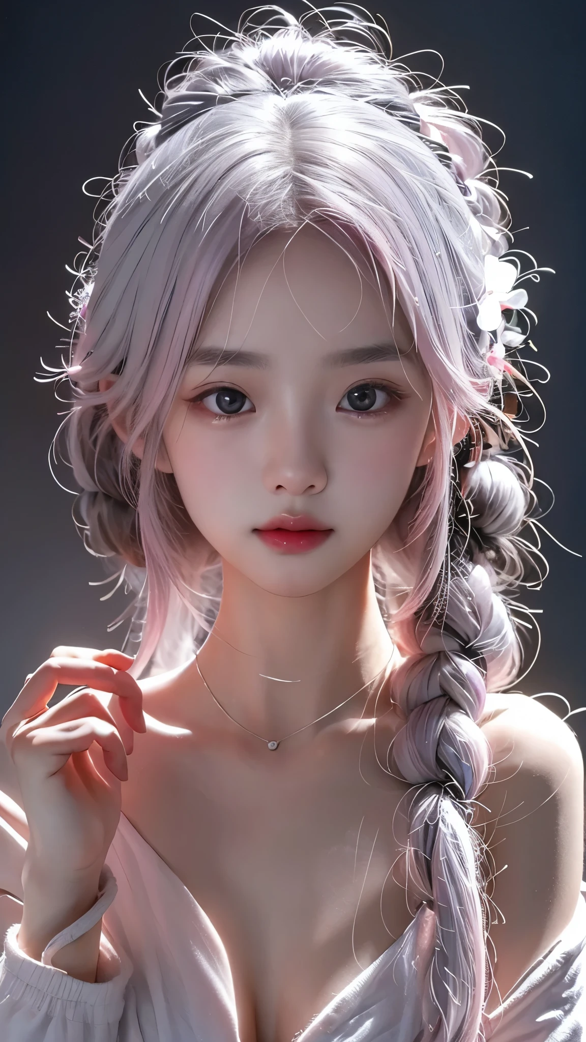 ((upper body)), 1girll,Light shines on the face, rosy lips, topknot, glowing eyes, hair bun, Surrealism, close-up, Sony FE GM, polar opposites, symmetry, UHD, masterpiece, super detail, high details, highres,pink silver hair,Small breasts,Are thin,