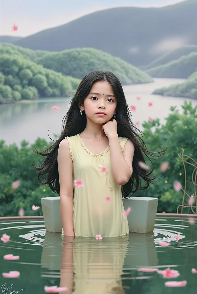  Burmese girl in a forest with floating flowers, river, puffy, puffy cheeks, cute, her body is butiful and burmese dress.