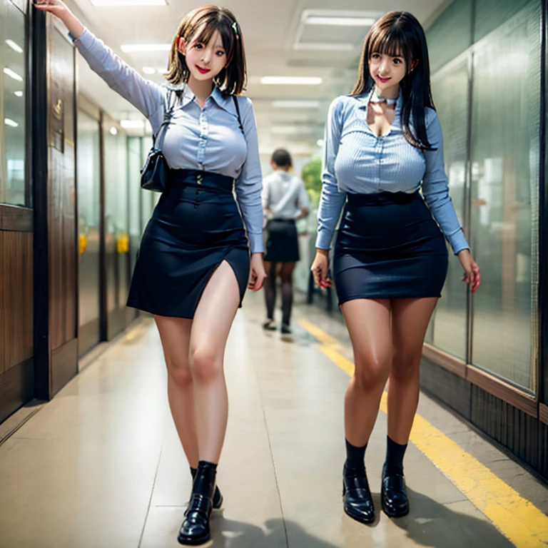 full body Esbian、girl with、Lori、(Colossal tits:2.5)、(large full breasts:2.5)(Sticky Clothes:2.0)、A smile、in 8K、high-level image quality、Clair、spats、leggins、Dressing、a school bag、a miniskirt、tthin eyebrows、Short stature、teats、valley、knee sox
