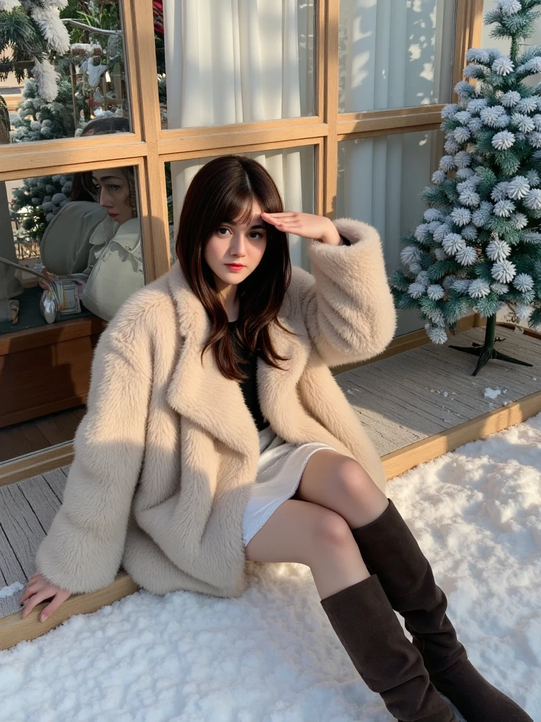 Full body, precise proportions, Korean model, 18 years old Korean girl, slim but thick thighs lying down on comfortable couch and looking over sunset, single, petite, thick long wolf cut hair, tulle, thick legs, slightly open feet, buttocks, blush, shyness, collarbone, abs, double weave, korean woman, beautiful and delicate face, fair skin, real skin, (detail face), goose egg face, pores, super high resolution, 8k, parameters Best quality, masterpiece, super high resolution, (Realistic 2.0), More details, detailed skin, wearing thick winter coat and bikini under thick einter coat, black really thick curly hair, dreamy eyes, korean girl, slim and thick thighs, girlfriend, girl in thick winter coat, girlfriend, beautiful, sexy, flowers, sunset over mansion balcony