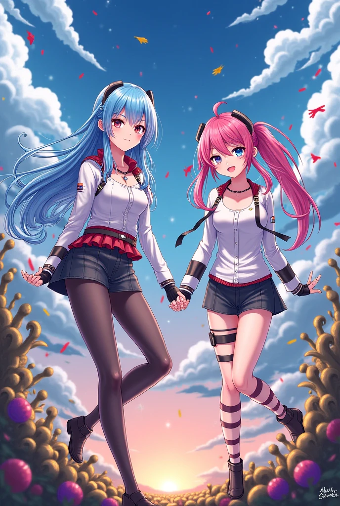 anime girl with short pink hair blue eyes pink hoodie blue skirt black legwear white shoes hairclip, angel wings, sky, angel dreamy with a anime girl with long blue hair, blue hoodie, wings, black skirt holding hands