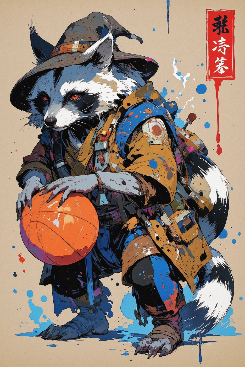 
(((article, "NBA ", Add text"NBA", holographic big font) {x},(best quality)))、(super high image quality)、(Super Detail)、(detailed description)、(Best CG ))、(masterpiece)、ArsMJStyle、(Zen ink wash painting)、raccoon , basketball