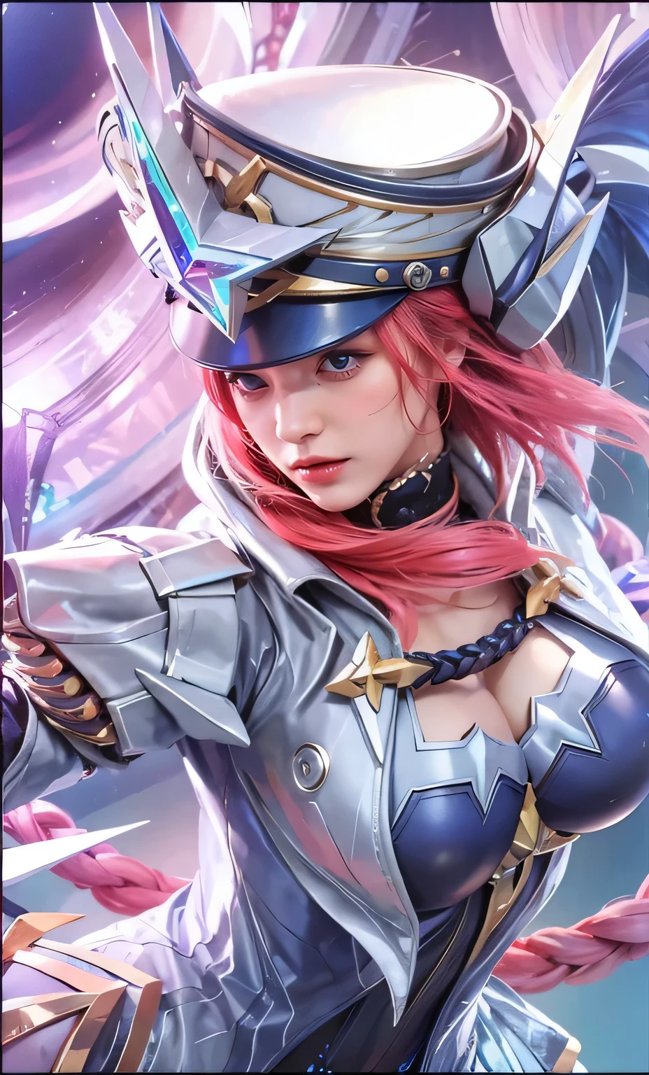 (female:1.2), 8k, ultra hd, ultra detailed texture, hyper realistic, masterpiece, detailed texture, detailed face, detailed skin, detailed lighting, (photorealistic:1.5), best quality, beautiful lighting, cinematic lighting, professional lighting, ultra highres, realistic, detailed hair, real hair, high quality, (realskin:1.5), extremely detailed, finely detail, ultra-detailed, 1girl, solo,pink hair,future police hat,white costume,