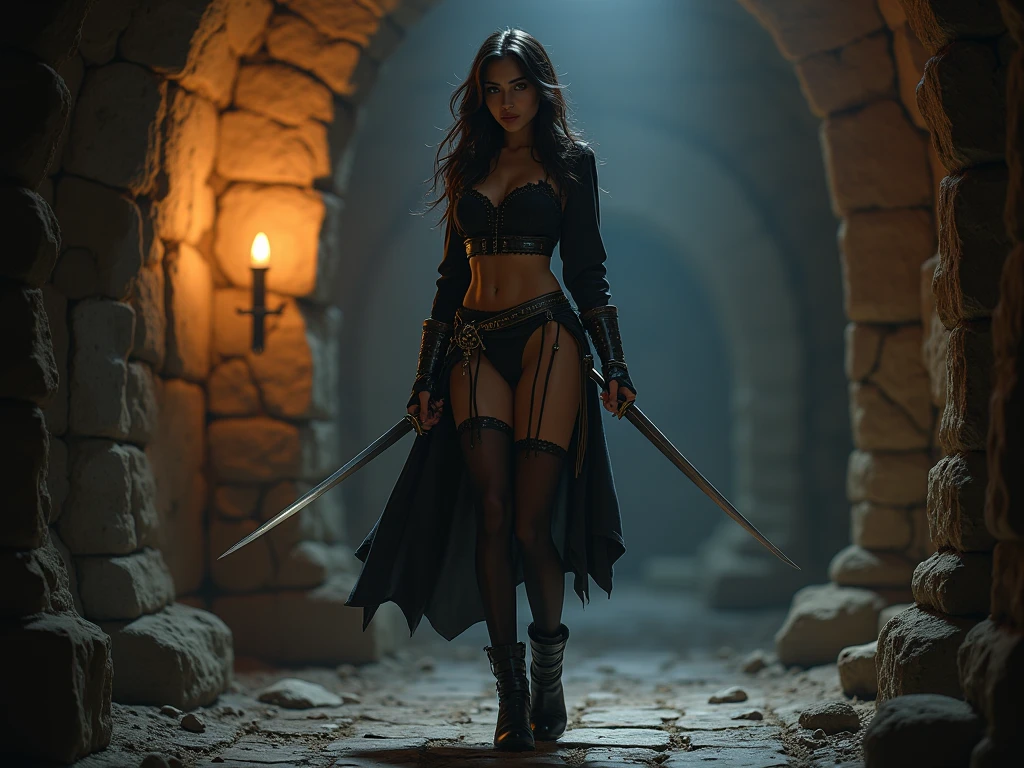 Yennefer von Vengerberg from the videogame The Witcher in sexy pose with sword in hand in weaponroom of a middleaged castle