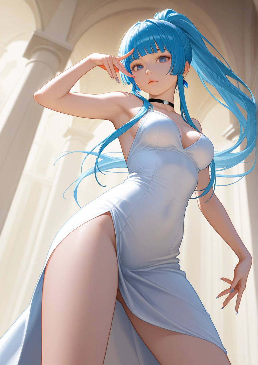 Character Details:, - Gender: 1 Girl.
- Style: Anime, - Body Type: Attractive body, slim body, nice legs, slim tights, nice arms, nice shoulders. - Breast: ((Small Breast:1,5)), Cleavage, Nipple.
- Facial Features: Beautiful, Gorgeous, Teenager, Fresh, Young.
- Expression: Open Smile, Horny, Pink Blush on Face, Sexy Eyes, Sexy Look, Sweating, Innocent Look, Tipsy. - Hairstyle: Blunt Bangs, Long Hair. - Hair Color: Light Blue Hair.
- Clothing: Sexy Dress. - Body Pose: (Sitting). - Behaviour: Waiting, Want Something, Secretly.
- Accessories: Earrings., Environmental Details:, - Setting: Office Room., - Lighting: Natural Light., - Decoration: Modern Office Desk, Chair, Window, White Curtain, City View. Top view. pov, anime style, UHD, retina, masterpiece, accurate, anatomically correct, textured