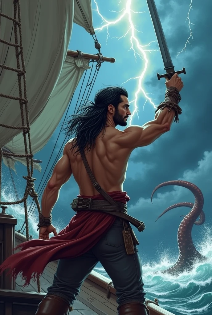 God of the Sea, The god of fisheries, black hair, young, thin, riding the wave, sea breeze, Realistic anatomy, HighQuality, realism, masterpiece --auto