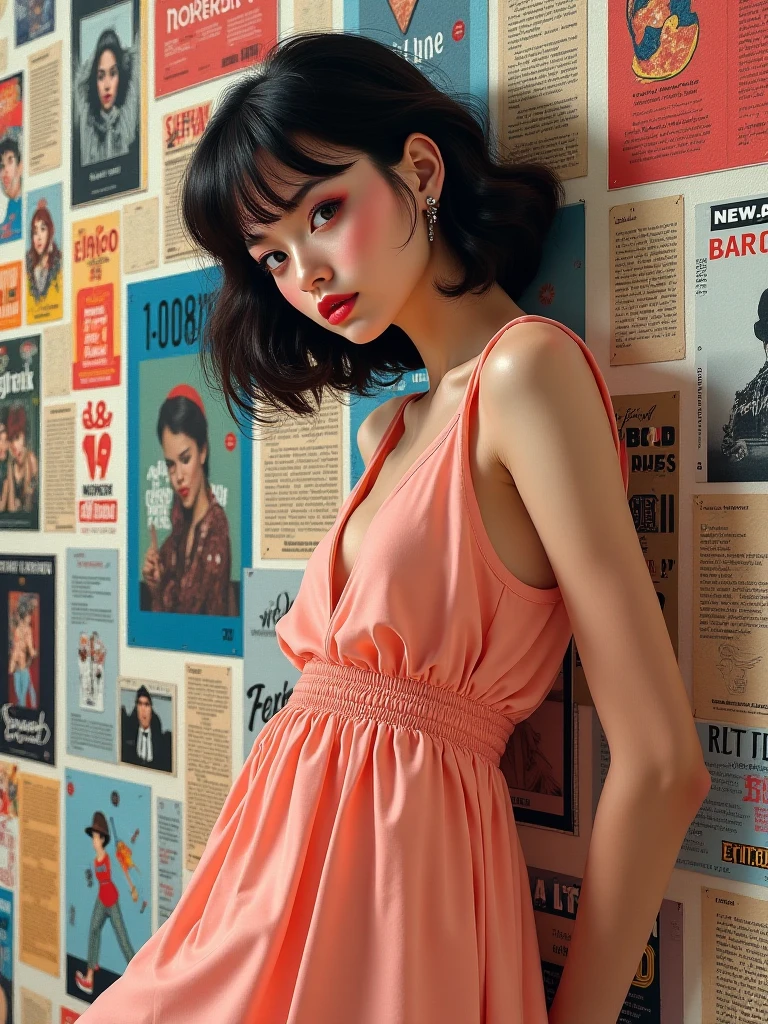 A girl with a newspaper background from the 60s, with a pastel pink dress of the time, In addition, it is noticeable that it was painted with a brush and the paint is clear.
