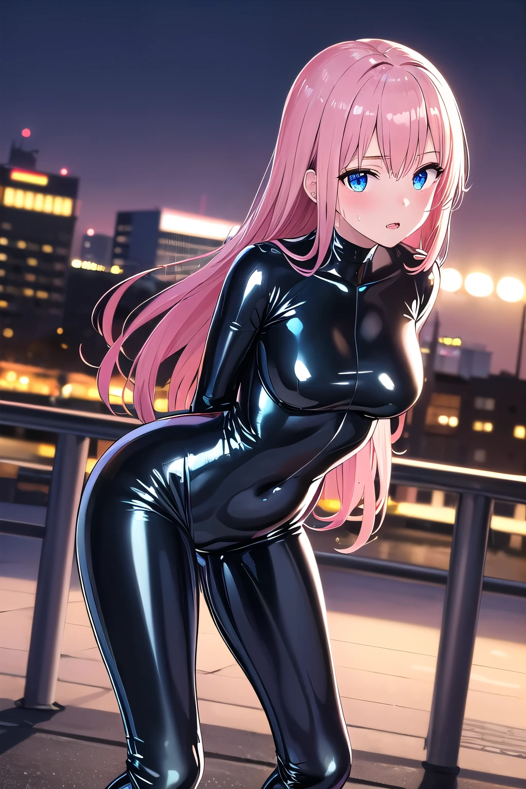 best quality, insanely detailed, nino nakano, breasts, blush, looking at viewer, cheerful eyes, arousal, long sleeve leotard, highleg leotard, athletic leotard, tight leotard, pussy, full body, spread legs, masturbation, nsfw, roof top background, airwalking, pussy line