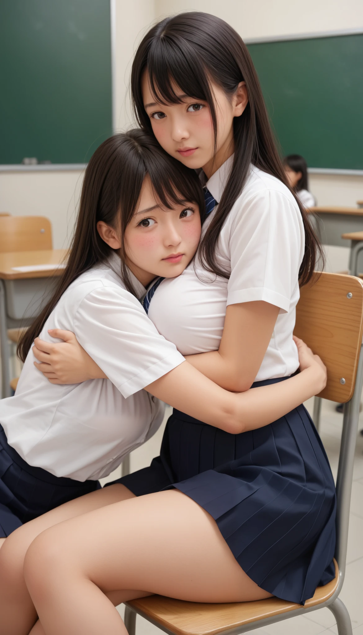 Classroom、( Japanese gal ),( Normal Japanese Face ), very beautiful skin , BEST QUALITY , very detailed face , vivid color, ((Curvy Body)), girls hugging, Two people, black hair、 skirt,, white shirt, chairs、thigh、 on campus、(( I'm embarrassed,)), play,( pantiesクローズアップ )、panties、(and open your legs wide)、膝を曲げてpantiesを見せる、legs、2 women、顔が近くにある
