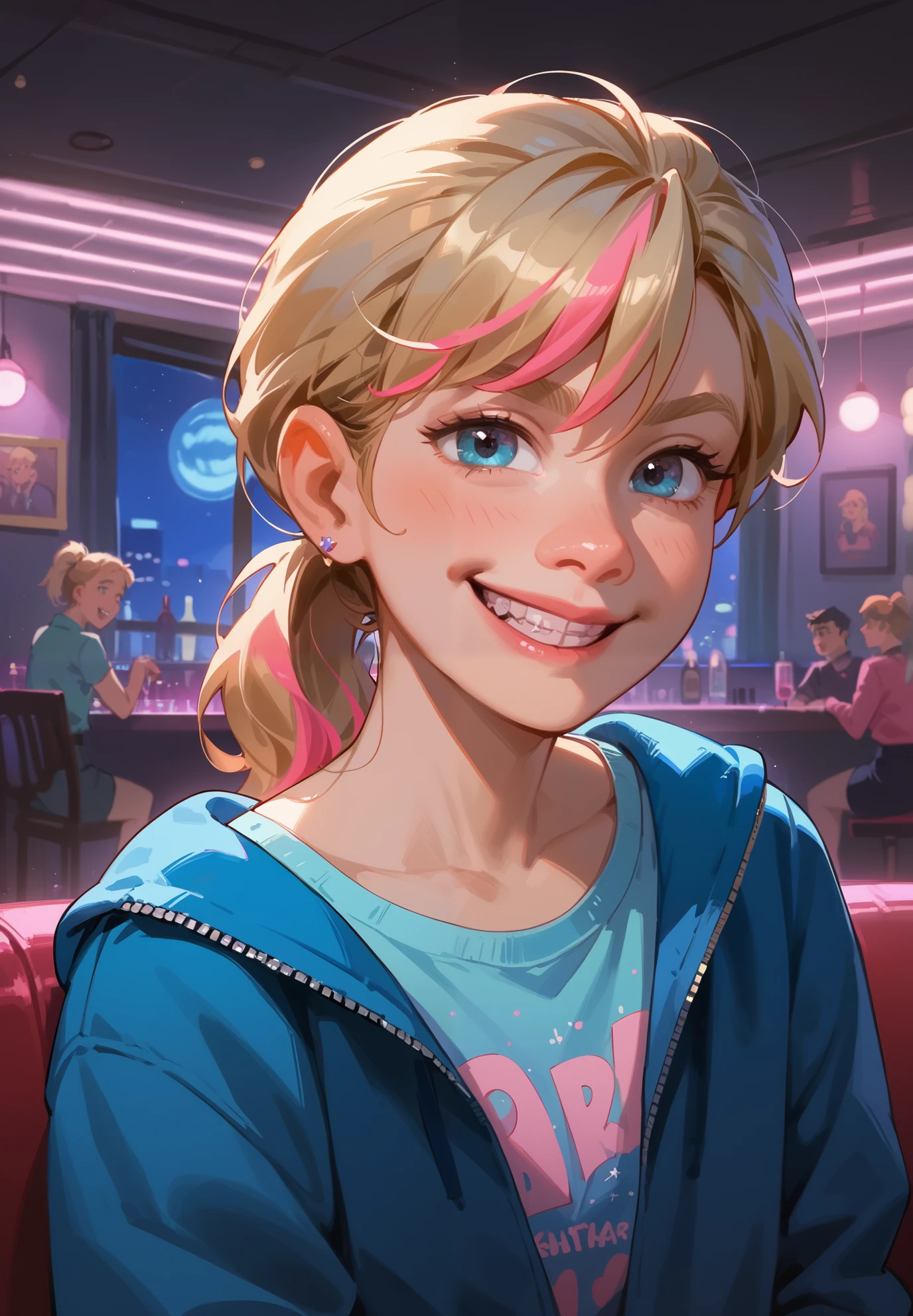1girl, solo, Riley Andersen, Inside Out, Gyaru cosplay, smirk, blonde ponytail hair with pink highlights, nightclub, night time, beautiful lighting and shadows,