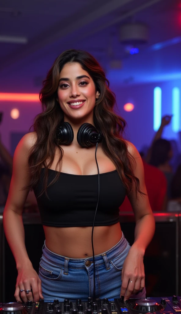 A female DJ plays at the DJ's desk, headphones on her head, great full view, beautiful 25-year-old Brazilian, dynamic extra long wavy multi colored black hair, shiny flowing wavy hair, happy face, realistic eyes, detailed facial features, vibrating with music, blowing in the wind, deep neckline dress with colorful psychedelic patterns on it, slim body, summer festival in the background, warm colors, (full body portrait photo), RAW, photography, (masterpiece), (((photorealistic)), ((hyperrealistic)), (skin pores), highly detailed, sharp focus, 8K, ultra quality, UHD, crystalline, (((incredibly beautiful)), extremely detailed, highly detailed skin, cinematic lighting, wide angle, Kodak, Canon 5d